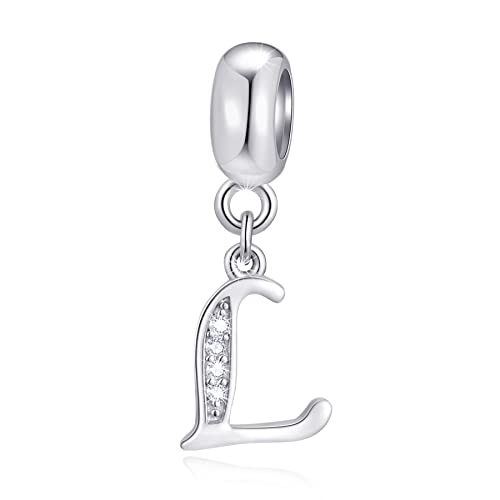26 Letter Pendant Charms, Polished 925 Sterling Silver Complete Initial A-Z Dangling CZ Stone Alphabet Beads, fits European Bracelet Necklace, Gift for Mother/Father/Daughter/Son/Sister/Aunt - color: Letter L CZ Pendant Charm