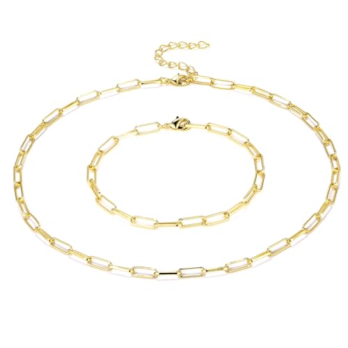 14K Gold Plated Dainty Paperclip Link Chain Necklace Bracelet Set for Women