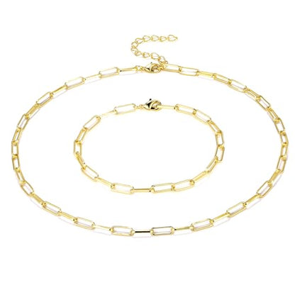 14K Gold Plated Dainty Paperclip Link Chain Necklace Bracelet Set for Women