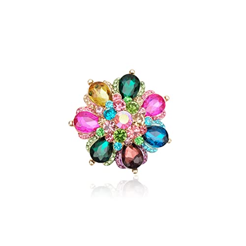 Flower Shape Crystal Cocktail Stretch Ring Party Prom Floral Statement Elastic Ring for Women - color: 2RI255-multicolor-gold tone