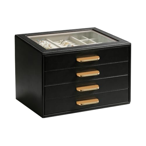 Homeanda Glass Lid Jewelry Boxes for Women, 4-Layer PU Leather Organizer with 3 Drawers, Display Storage for Rings Necklaces Earrings Bracelets Watches, Gift for Wife and Girls (Black) - color: Black, size: 4 Layer (8.4"D x 7.1"W)