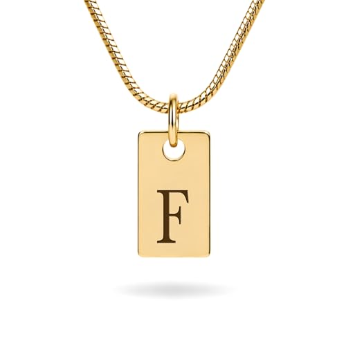 Initial Necklace in 18K Gold Plated, Personalized Engraved Letter Pendant, Gold Snake Chain, 6×10 mm Rectangle Charm for Women - color: F