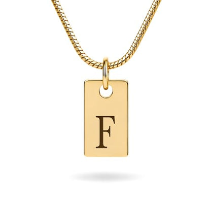Initial Necklace in 18K Gold Plated, Personalized Engraved Letter Pendant, Gold Snake Chain, 6×10 mm Rectangle Charm for Women - color: F