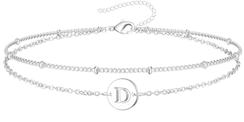 Inerney Personalized Gold Initial Bracelets for Women - Dainty 14K Gold Plated Layered Disc Monogram Charm Bracelet, Customizable A-Z Letter Jewelry Gift for Her - color: D, size: 8.5 inches silver