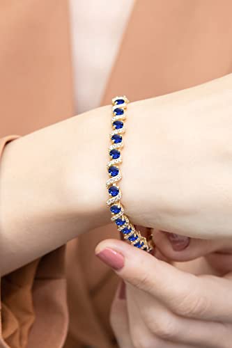 B. BRILLIANT Sterling Silver Genuine, Created or Simulated Gemstone Round S Design Tennis Bracelet for Women - color: Created Blue Sapphire - Gold Flash