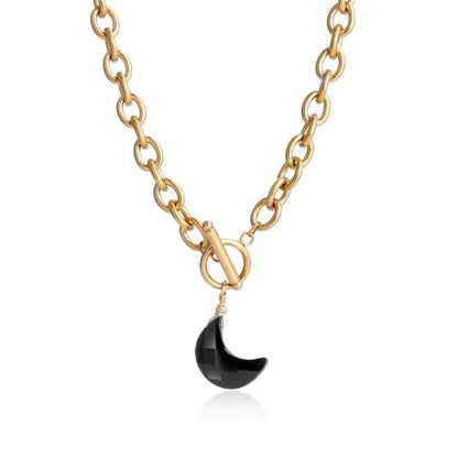 Kvekstio Black Obsidian Moon Necklace - Natural Crystal Crescent Pendant & Gold Toggle Clasp for Women, Gothic Celestial Energy Stone Necklace, Spiritual Protection Healing Jewelry for Her