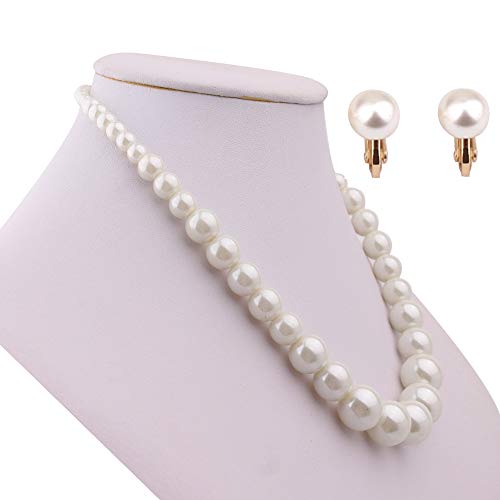 Handmade Faux Pearl Necklace and Clip on Earrings Jewelry Sets for Women Bib Choker Collar Necklace - color: 40cm Necklace+Clip Earrings