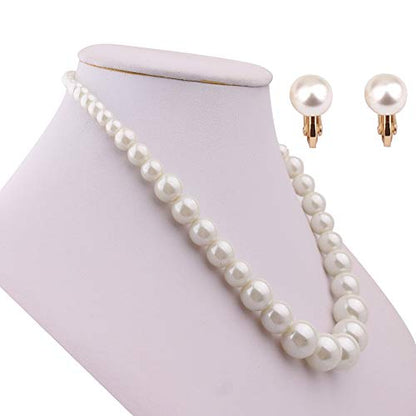 Handmade Faux Pearl Necklace and Clip on Earrings Jewelry Sets for Women Bib Choker Collar Necklace - color: 40cm Necklace+Clip Earrings