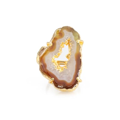 Ring Geode Druzy Slice Unique And Stylish Statement Gold Plated Jewelry Natural Gemstone Stone size 25-35 mm Approximately Adjustable Shank US Scale Size 6-9 - color: Biege
