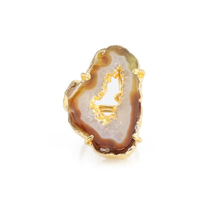 Ring Geode Druzy Slice Unique And Stylish Statement Gold Plated Jewelry Natural Gemstone Stone size 25-35 mm Approximately Adjustable Shank US Scale Size 6-9 - color: Biege