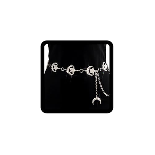 Rhinestone Moon Chain Belt Sparkly Star Waist Chain Adjustable Body Jewley for Women Dress Belt Accessory - style: Silver moon star A