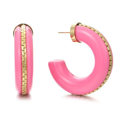 Gold Plated Resin Chunky Hoop Earrings Hypoallergenic Push Back Hoops for Sensitive Ears - color: Hot Pink