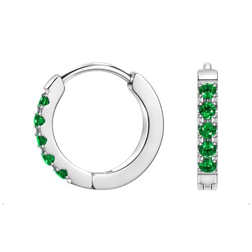 Birthstone Huggie Hoop Earrings for Women, Cubic Zirconia Small Hoops | 316L Surgical Steel, 18K Gold or Silver, 6-10mm, Hypoallergenic Waterproof, Cartilage Piercing, Birthday Gift - color: 05 MAY. Emerald - Silver, size: 9mm