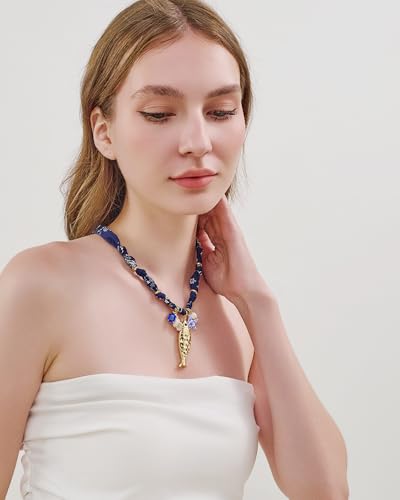 Chunky Gold Fish Pendant Necklace For Women Long Silk Scarf Turquoise Strand Necklace With Fish Pendants Boho Beach Shell Statement Necklaces - style: Scarf Strand