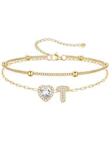 PROSTEEL Initial Ankle Bracelets for Women Waterproof, A-Z Gold/Silver Layered Anklets Adjustable, Summer Beach Gift Jewelry - color: Gold, size: T