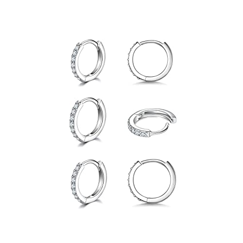 3 Pairs 925 Sterling Silver Small Hoop Earrings for Women Men | Cubic Zirconia, 14K White Gold Plated Huggie Hoop Earrings, Hypoallergenic - style: E-silver 6mm*3