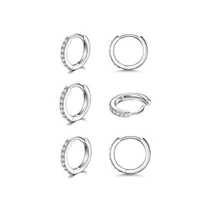 3 Pairs 925 Sterling Silver Small Hoop Earrings for Women Men | Cubic Zirconia, 14K White Gold Plated Huggie Hoop Earrings, Hypoallergenic - style: E-silver 6mm*3