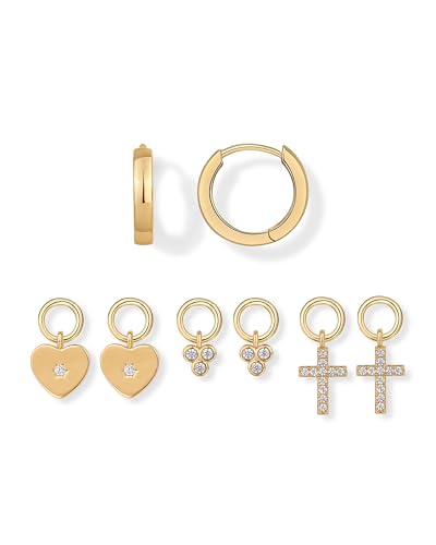 PAVOI 14K Gold Plated Huggie Earring Charms for Women - Mix and Match Huggie Hoop Earrings with Charms Pack - Dangle Dainty Motif Set with Cubic Zirconia, Heart, Cross, Pearl & Evil Eye Jewelry - Valentines Day Trendy Jewelry - style: Cross