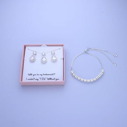 Plated Gold Silver Elegant Teardrop Zircon Earrings Necklace Bracelet Set for Bridesmaids, Sparkling Cubic Zirconia Jewelry, Wedding Gift, 4/5/6-Piece - color: 6 Sets Silver