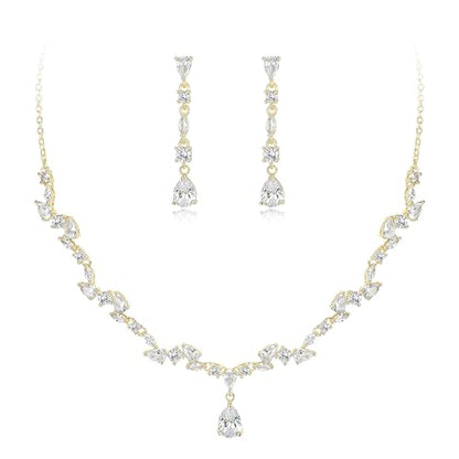 EVER FAITH Pear Shaped Cubic Zirconia Bridal Wedding Jewelry Set for Women | Gorgeous Water Drop Bride Necklace Dangle Earrings, for Bride Bridesmaid - color: Gold Plated