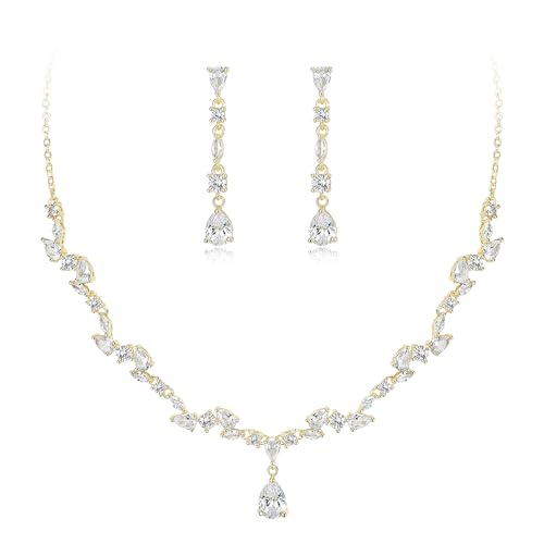 EVER FAITH Pear Shaped Cubic Zirconia Bridal Wedding Jewelry Set for Women | Gorgeous Water Drop Bride Necklace Dangle Earrings, for Bride Bridesmaid - color: Gold Plated