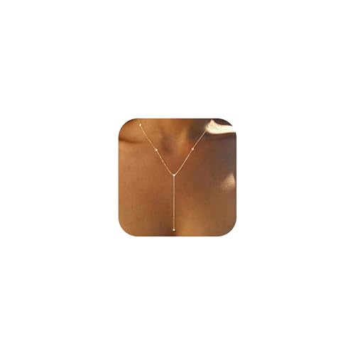 Lariat Necklace for Women, Dainty Long Necklaces, 14k Gold/Silver Plated Y-Shaped Drop Chain Necklace, Simple Layered Necklaces, Trendy Jewelry Gifts - style: Five CZ Y Necklace-Gold