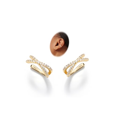 Sterling Silver Ear Cuffs Non Piercing Fake Conch Cuff Earrings for Women | 2 Pcs Adjustable Hypoallergenic Clip On Cartilage Helix Earrings with 5A Cubic Zirconia, 16K Gold Plated/Silver/Rose Gold - color: Gold
