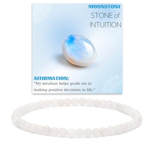 Crystal Beaded Bracelets for Women 4mm Clear Quartz Bead Handmade Gemstone Stretch Elastic Bracelet Natural Stone Crystal Healing Reiki Spiritual Jewelry Gifts - color: Moonstone, size: 4mm