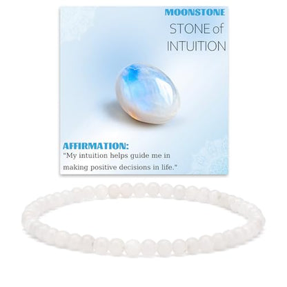 Crystal Beaded Bracelets for Women 4mm Clear Quartz Bead Handmade Gemstone Stretch Elastic Bracelet Natural Stone Crystal Healing Reiki Spiritual Jewelry Gifts - color: Moonstone, size: 4mm