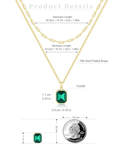 Gold Layered Necklaces for Women, 18k Gold Plated Crystal Necklace Paperclip Choker Emerald Green Jewelry for Women Gifts - color: Green Necklace