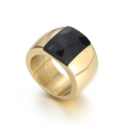 OIDIMS Stunning Large Statement Glass Crystal Rhinestone Band Cocktail Ring Cubic Zirconia Stainless Steel Thick Chunky for Women Men18k Gold Plated Friend Graduation Gift Evening Party - color: Black, size: 6