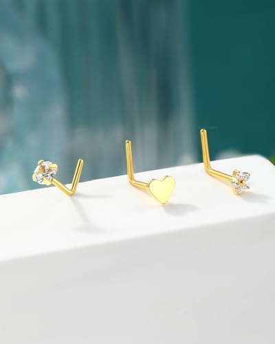 3PCS Titanium Flower Nose Rings Studs 20G, 6.5mm L-Shaped Nose Piercing Jewelry Set - Hypoallergenic Surgical Steel Heart L Bend Nostril Stud for Women Men - color: 3PCS-Gold