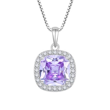 Birthstone Necklace for Women 925 Sterling Silver Princess Cut Halo Necklace Pendant Jewelry for Mom Wife - color: Lavender
