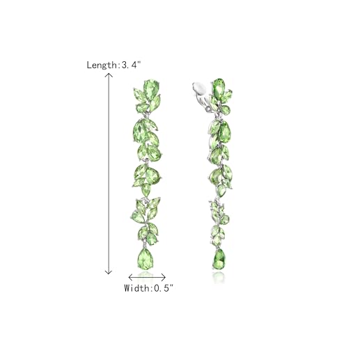 Crysdue Clip On Earrings for Women Rhinestone Crystal Teardrop Cluster Wedding Bridal Non Pierced Long Dangle Earring for Prom Party - color: Light Green Gold-Tone
