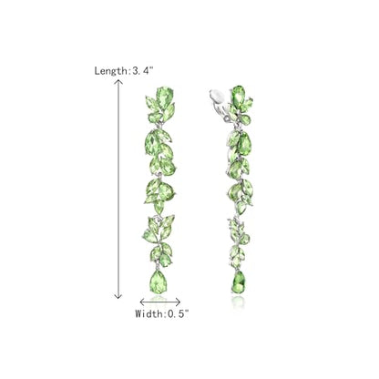 Crysdue Clip On Earrings for Women Rhinestone Crystal Teardrop Cluster Wedding Bridal Non Pierced Long Dangle Earring for Prom Party - color: Light Green Gold-Tone