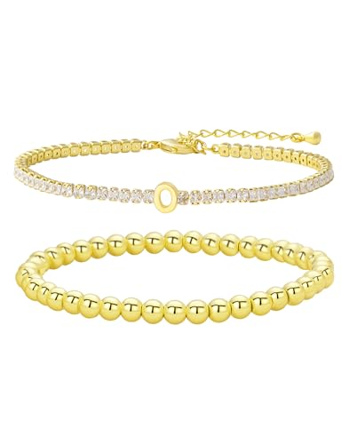 14K Gold Plated Bracelets for Women Dainty Tennis Initial Bracelet Trendy Beaded Stackable Charm Bracelets Layered Waterproof Bracelet Dainty Bracelet for Women Jewelry Gifts - style: O