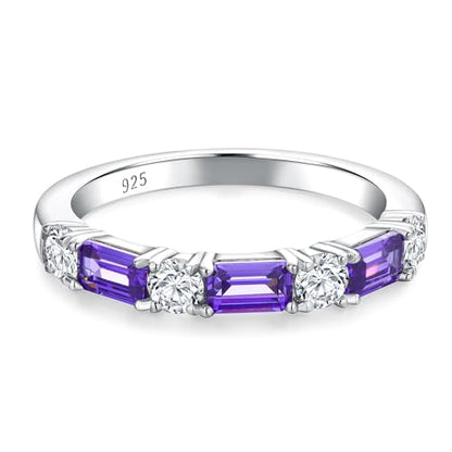 3.5mm Half Eternity Band Sterling Silver Rings for Women Sapphire/Ruby/Emerald and Cz Wedding Bands 7 Stone Stackable Birthstone Ring Anniversary Jewelry Size 6-10 - color: 02-Amethyst-Feb.