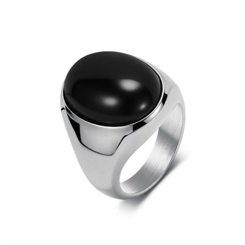 Stainless Steel Tiger Eye Obsidian Ring for Men Women, Oval Stone Signet Ring, Gold Silver Black Tone Stainless Steel Statement Jewelry Gift for Daily Wear - color: Silver Obsidian
