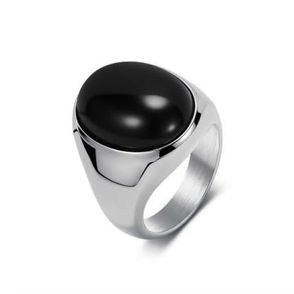 Stainless Steel Tiger Eye Obsidian Ring for Men Women, Oval Stone Signet Ring, Gold Silver Black Tone Stainless Steel Statement Jewelry Gift for Daily Wear - color: Silver Obsidian