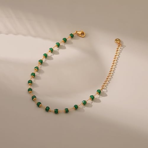 Dainty Gold Bracelets for Women, 18 Gold Plated Adjustable Evil Eye/Butterfly/Beaded/Pearl/Heart/Turquoise Handmade Bracelet for Women - style: Emerald Bead