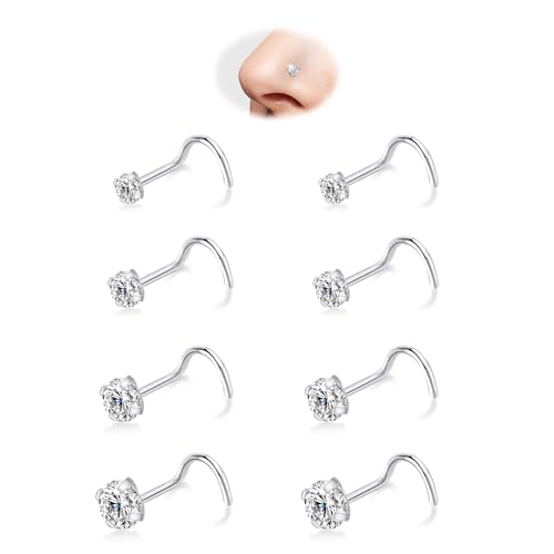 iejsbhrp 8Pcs Nose Rings Studs for Women Men, Hypoallergenic Silver | 316L Surgical Stainless Steel Nose Studs, L Shape/Corkscrew Nose Piercing Jewelry, CZ 1.5mm 2mm 2.5mm 3mm - color: 8pcs Screw