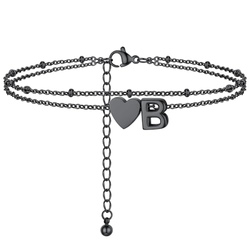 Initial Ankle Bracelets for Women, Dainty Stainless Steel Letter A-Z Layered Anklets, Heart Ankle Bracelet 8.5"-10.5" Adjustable, Summer Beach Jewelry, Come with Box - color: Black, size: B