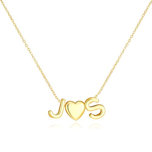 adoyi Initial Necklaces for Women 14k Gold Plated Layered bubble Letter Necklace Dainty Heart A-Z Pendant Necklace Initial Necklaces Stack Birthday Gifts for Women Jewelry - color: Gold-Heart, style: J+S