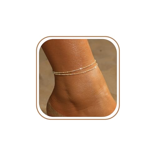 Gold Ankle Bracelets for women,14k Gold/Silver Plated Waterproof Layered lightweight Bow Beaded Twisted Chain Cross Butterfly Satellite Ankle Bracelets Set Gold Anklets for women Trendy Summer Beach Jewelry Gift for Women - style: 2 anklets -Gold