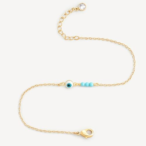 MEVECCO Dainty Chain Bracelets for Women, Layered and Charm Styles | 14K Gold Plated Brass, Select Cubic Zirconia Accents, Single and Multi-Row Structures for Refined Everyday Wristwear - style: Evil Eye Turquoise Bead