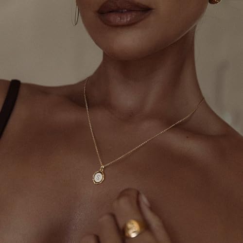 14K Gold Plated Initial Necklaces for Women, Letter Charm Pendant Necklace | Dainty Oval White Enamel Personalized Name Necklace, Trendy Jewelry with 16 inches Chain and 2 inches Extender - color: S