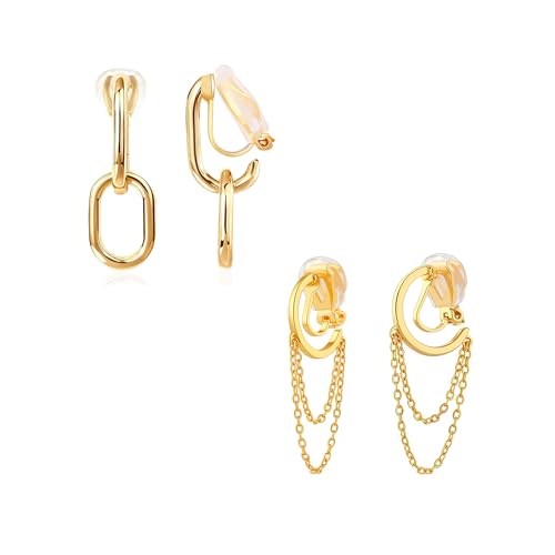 FAN&LOUIS 24K Gold Plated Clip On Earrings for Women, Gold Chain Link Drop Dangle Double Hoops Hypoallergenic Trendy Lightweight Clip-On Earrings for Non-Pierced Ears - style: 2 pairs B