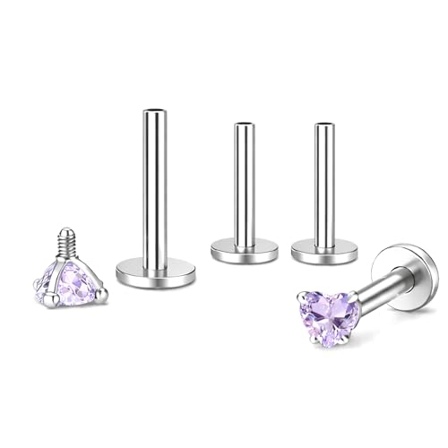 Titanium Heart CZ Labret Stud Earrings for Piercings by Ginger Lyne 6Pc Set G23 Screw Front Flat Back Body Jewelry 2 pair post 6mm, 8mm Cartilage, Helix, Tragus, Lip, Conch, Lobe - color: 3mm-LtPurple