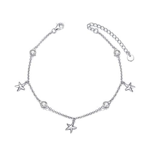 925 Sterling Silver Anklet Foot Bracelet with Crystal from Austria, Anklet Jewelry Gifts for Women 11 Inch Adjustable - style: E-Starfish