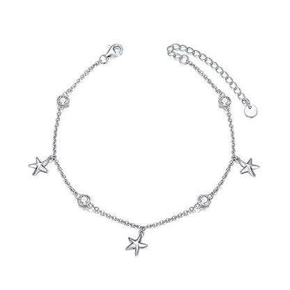 925 Sterling Silver Anklet Foot Bracelet with Crystal from Austria, Anklet Jewelry Gifts for Women 11 Inch Adjustable - style: E-Starfish